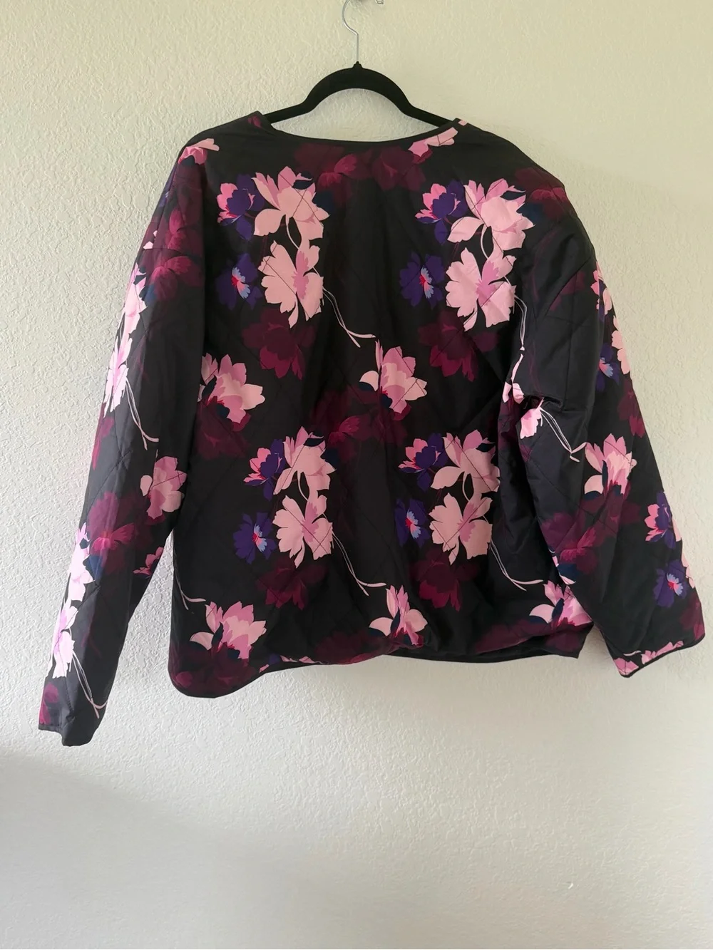 Liz Claiborne Floral Quilted Jacket - Black with Pink & Purple Blooms Size-2XL